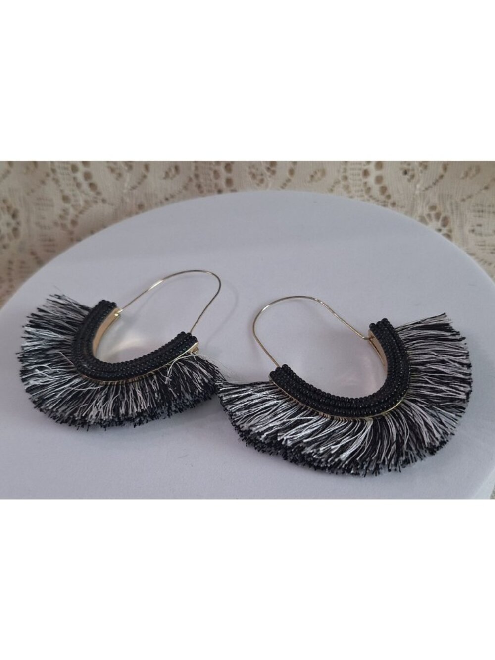 SUGARFIX by BaubleBar Black Gold Fringe Hoop Earrings – Beaded Tassel Statement - Picture 5 of 11